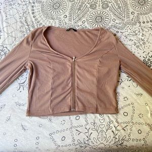Shein Beige Zip Up Crop Top